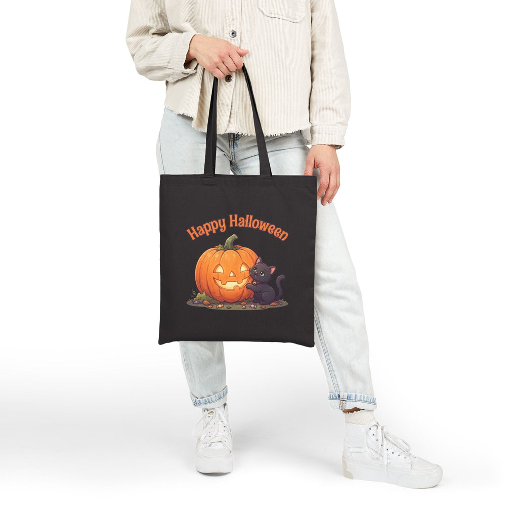 Halloween Black Cat Tote Bag | Carved Pumpkin Canvas Market Bag