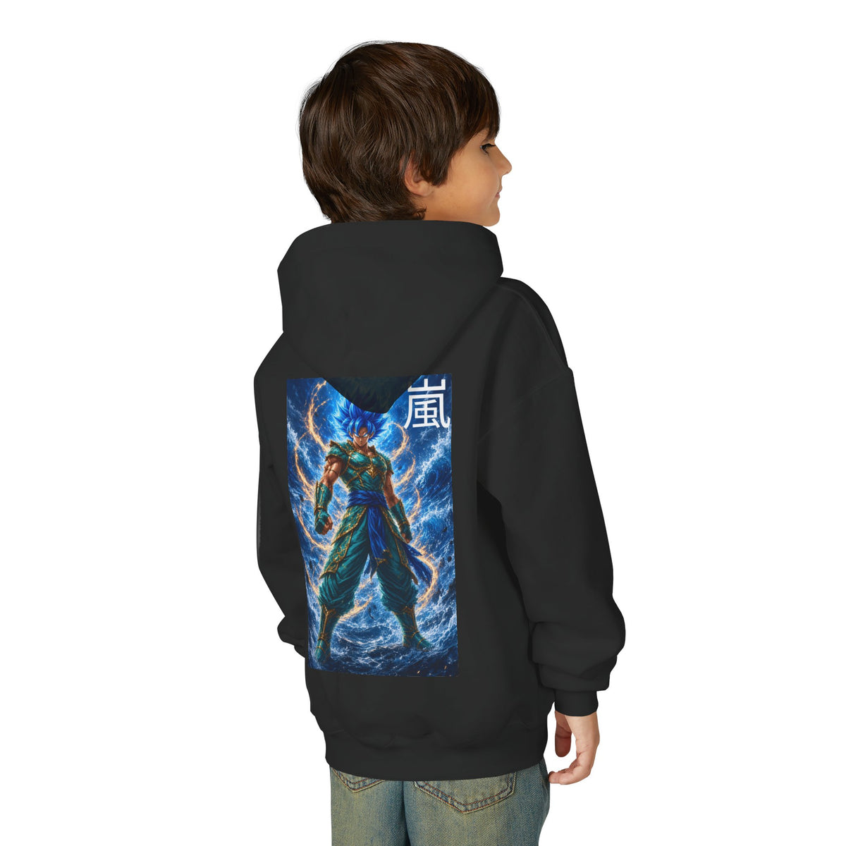 Electric Lightning Warrior Hoodie, Storm Kanji Anime Kids Pullover, Front Minimal Chest Text Back Print Elemental Graphic Youth Sweatshirt