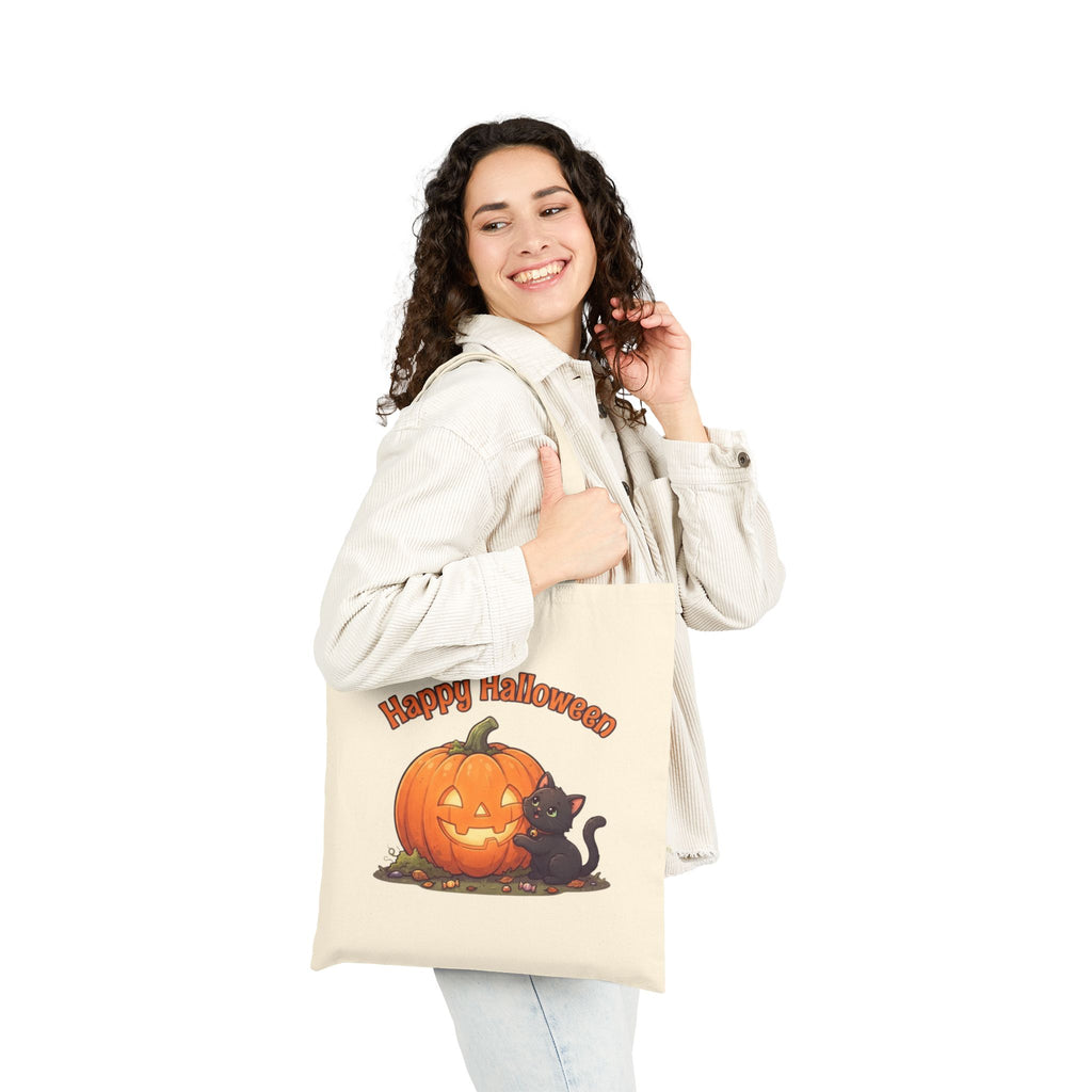 Halloween Black Cat Tote Bag | Carved Pumpkin Canvas Market Bag