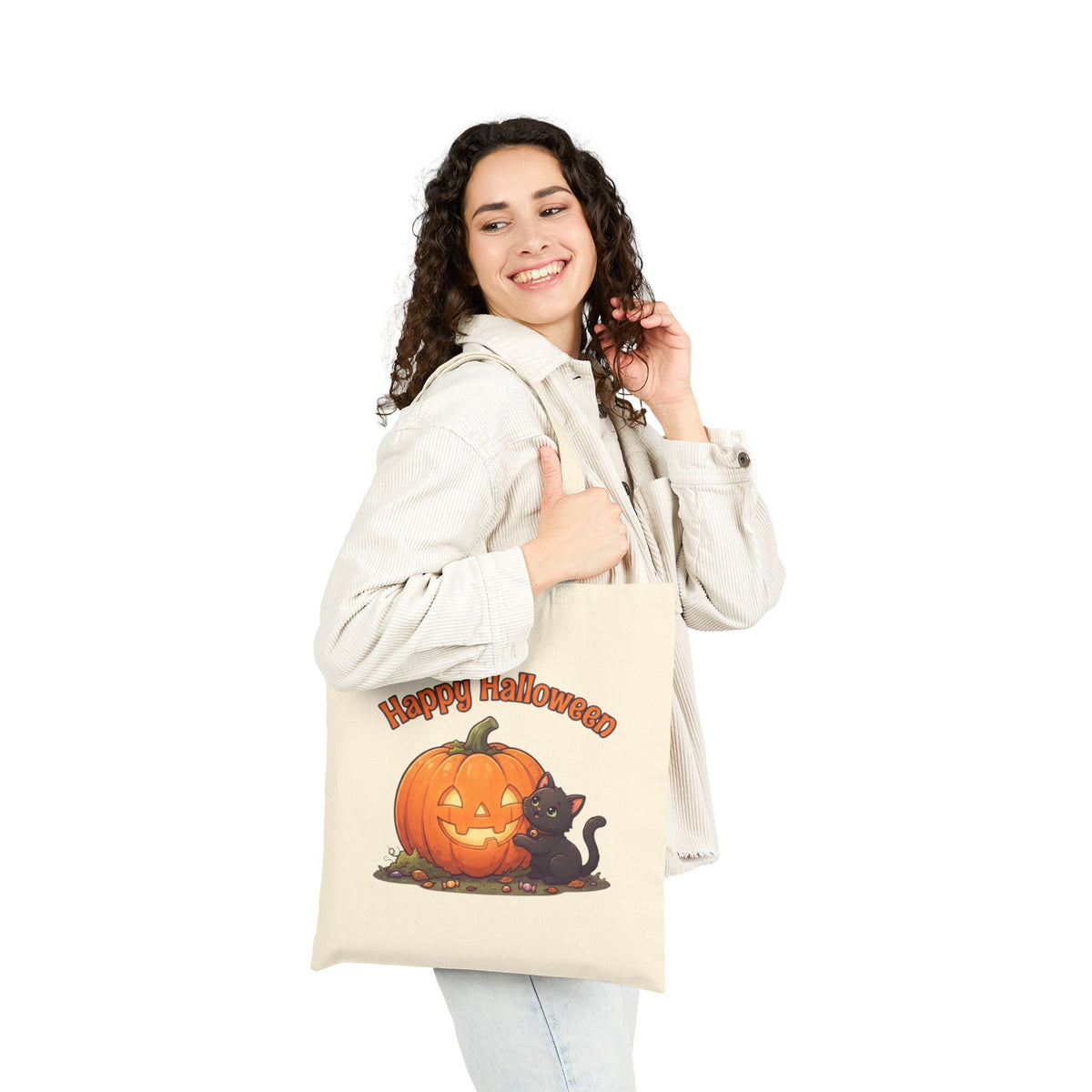 Halloween Black Cat Tote Bag | Carved Pumpkin Canvas Market Bag