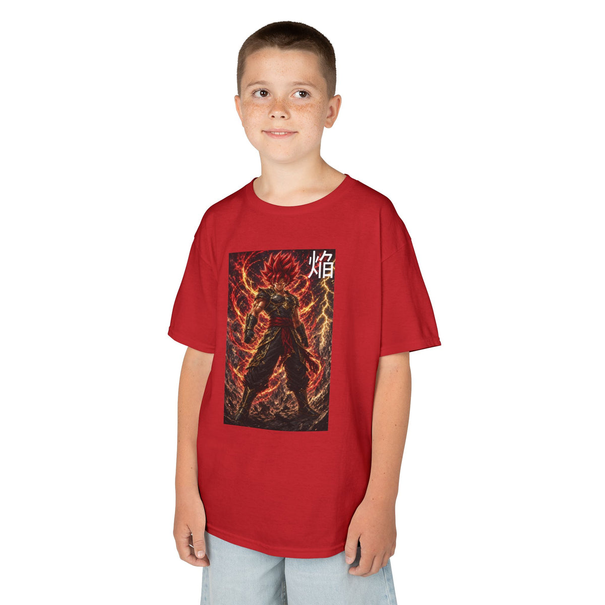 Volcanic Crimson Tee, Flame Kanji Magma Warrior Youth Shirt, Elemental Fire Fighter Graphic Kids Playwear Clothing