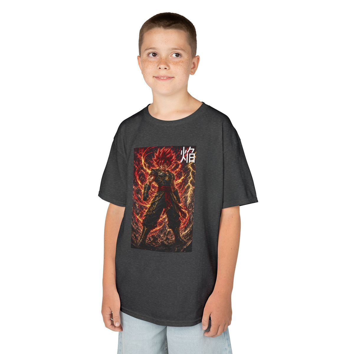 Volcanic Crimson Tee, Flame Kanji Magma Warrior Youth Shirt, Elemental Fire Fighter Graphic Kids Playwear Clothing