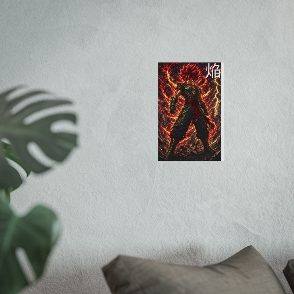 Flame Kanji Poster, Crimson Magma Aura Anime Art Print, Vertical Elemental Fire Fighter Giclee Wall Decor