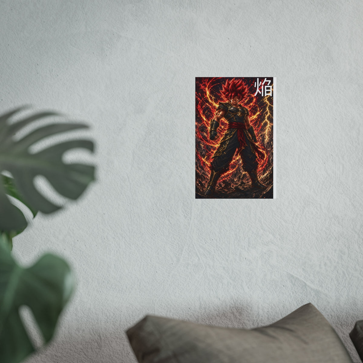 Flame Kanji Poster, Crimson Magma Aura Anime Art Print, Vertical Elemental Fire Fighter Giclee Wall Decor