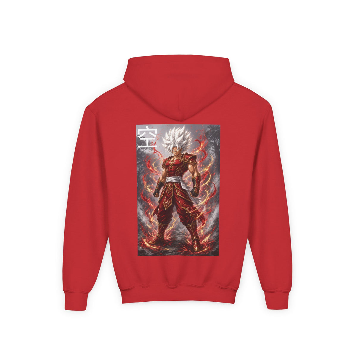 White Hair Warrior Hoodie, Sky Kanji Anime Kids Pullover, Front Minimal Chest Text Back Print Elemental Graphic Youth Sweatshirt