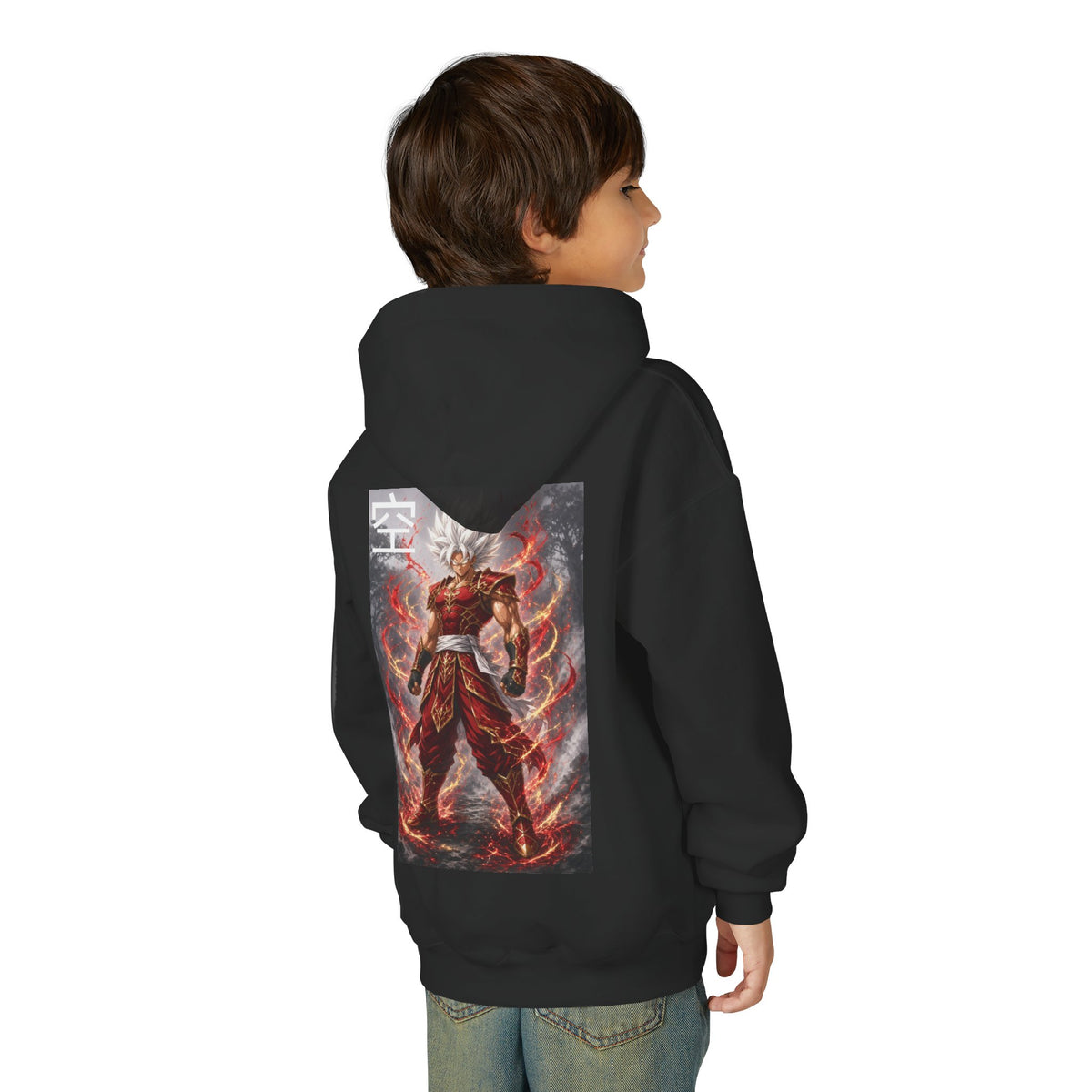 White Hair Warrior Hoodie, Sky Kanji Anime Kids Pullover, Front Minimal Chest Text Back Print Elemental Graphic Youth Sweatshirt