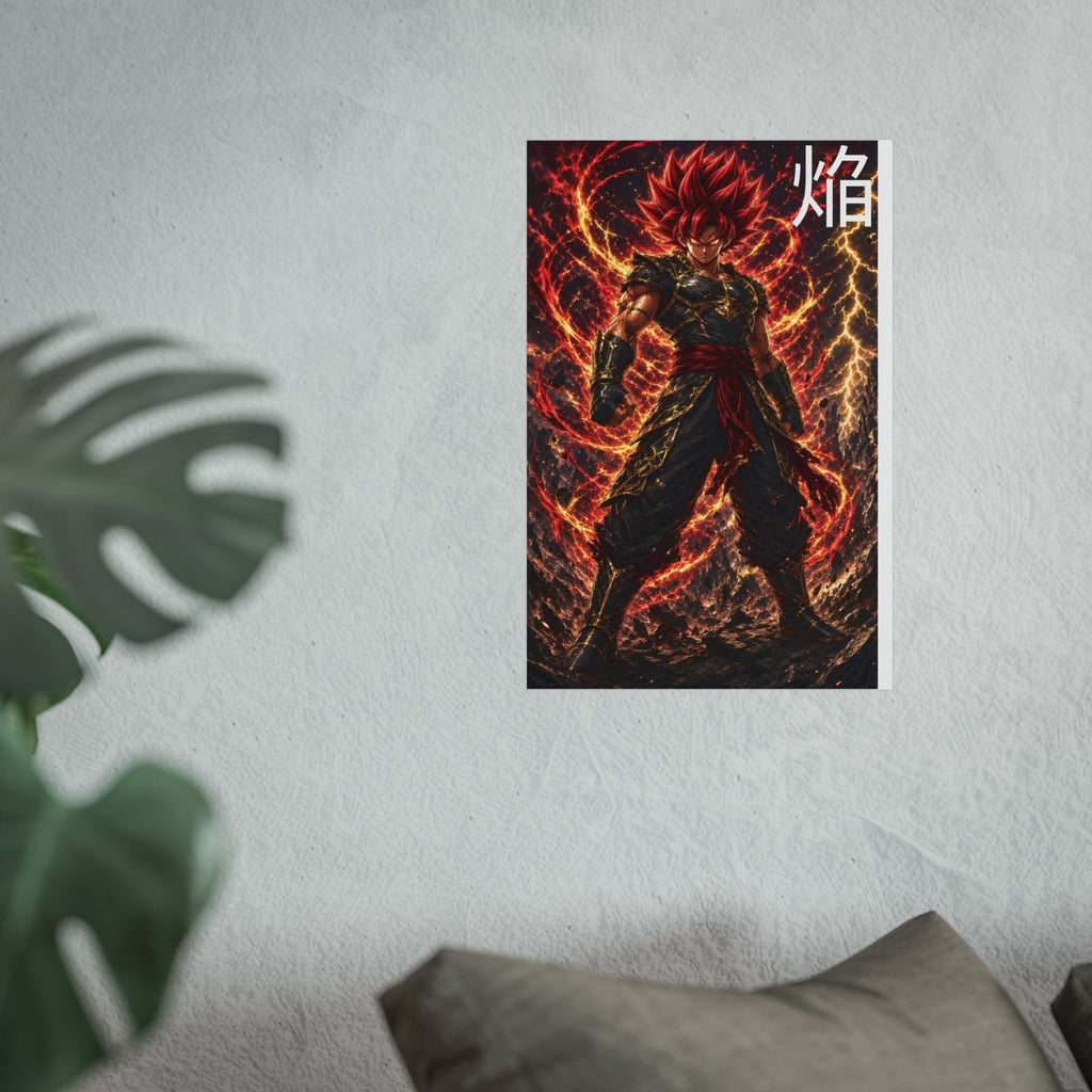 Flame Kanji Poster, Crimson Magma Aura Anime Art Print, Vertical Elemental Fire Fighter Giclee Wall Decor