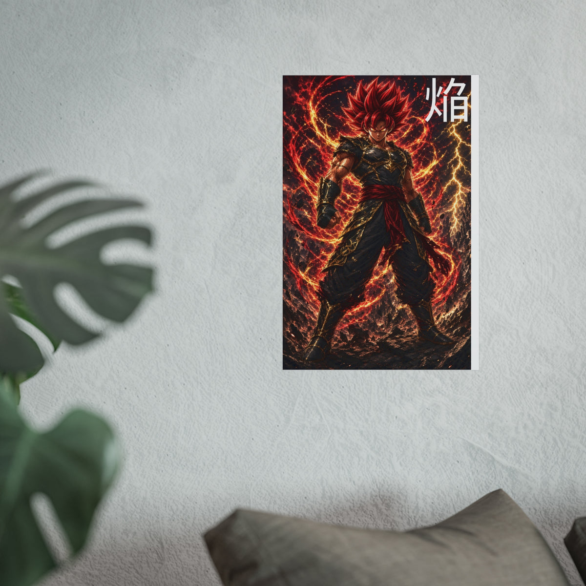 Flame Kanji Poster, Crimson Magma Aura Anime Art Print, Vertical Elemental Fire Fighter Giclee Wall Decor