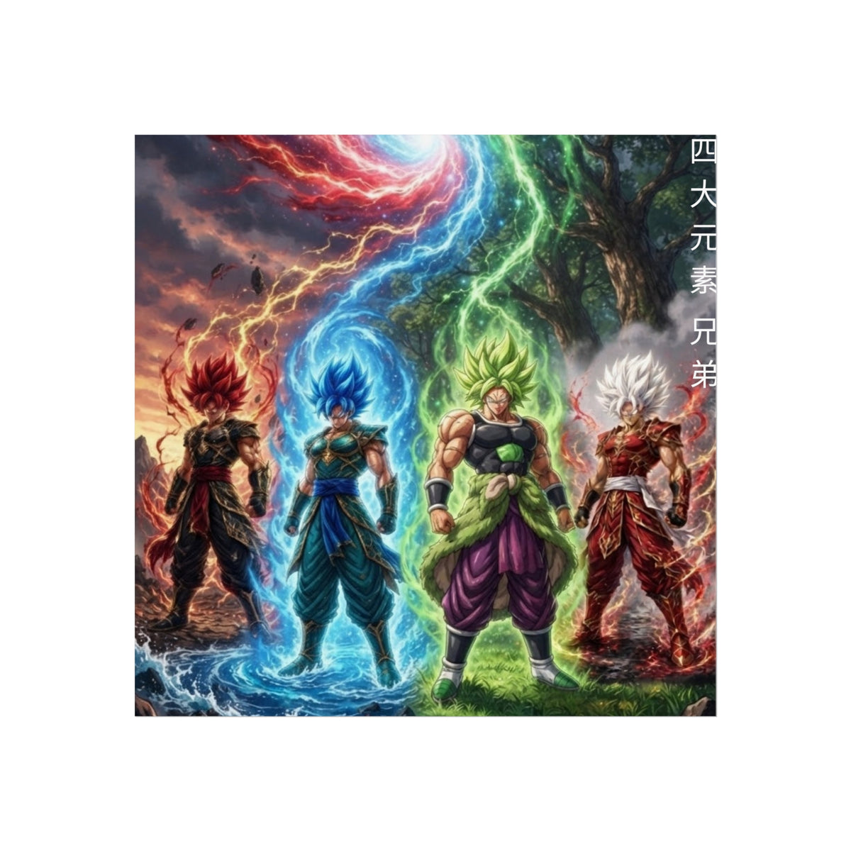 Square Panoramic Poster, Four Elemental Brothers Anime Art Print, Multi Character Canvas Style Giclee Wall Decor