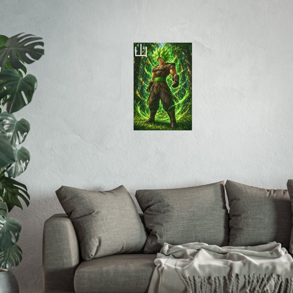 Mountain Kanji Poster, Emerald Green Aura Anime Art Print, Vertical Elemental Forest Fighter Giclee Wall Decor
