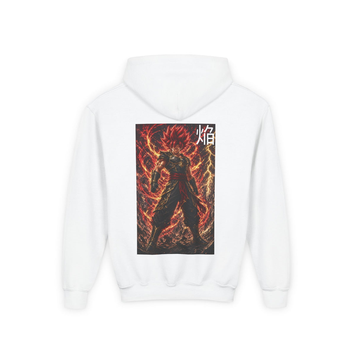 Fiery Crimson Warrior Hoodie, Flame Kanji Anime Kids Pullover, Front Minimal Chest Text Back Print Elemental Graphic Youth Sweatshirt