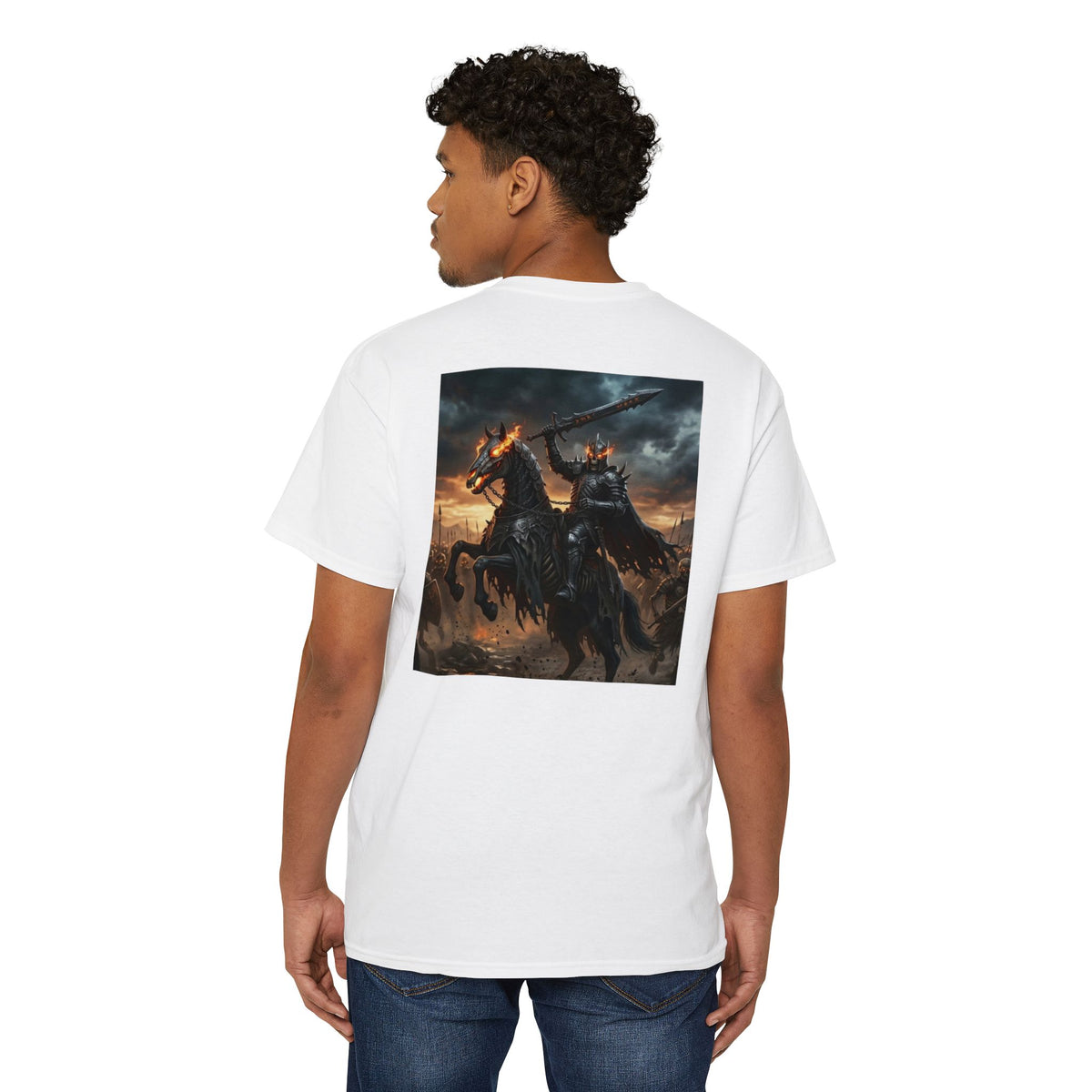 Front Pocket Emblem T-Shirt, Full Color Back Print Dark Knight Tee, Double Sided Medieval Undead Warrior Apparel