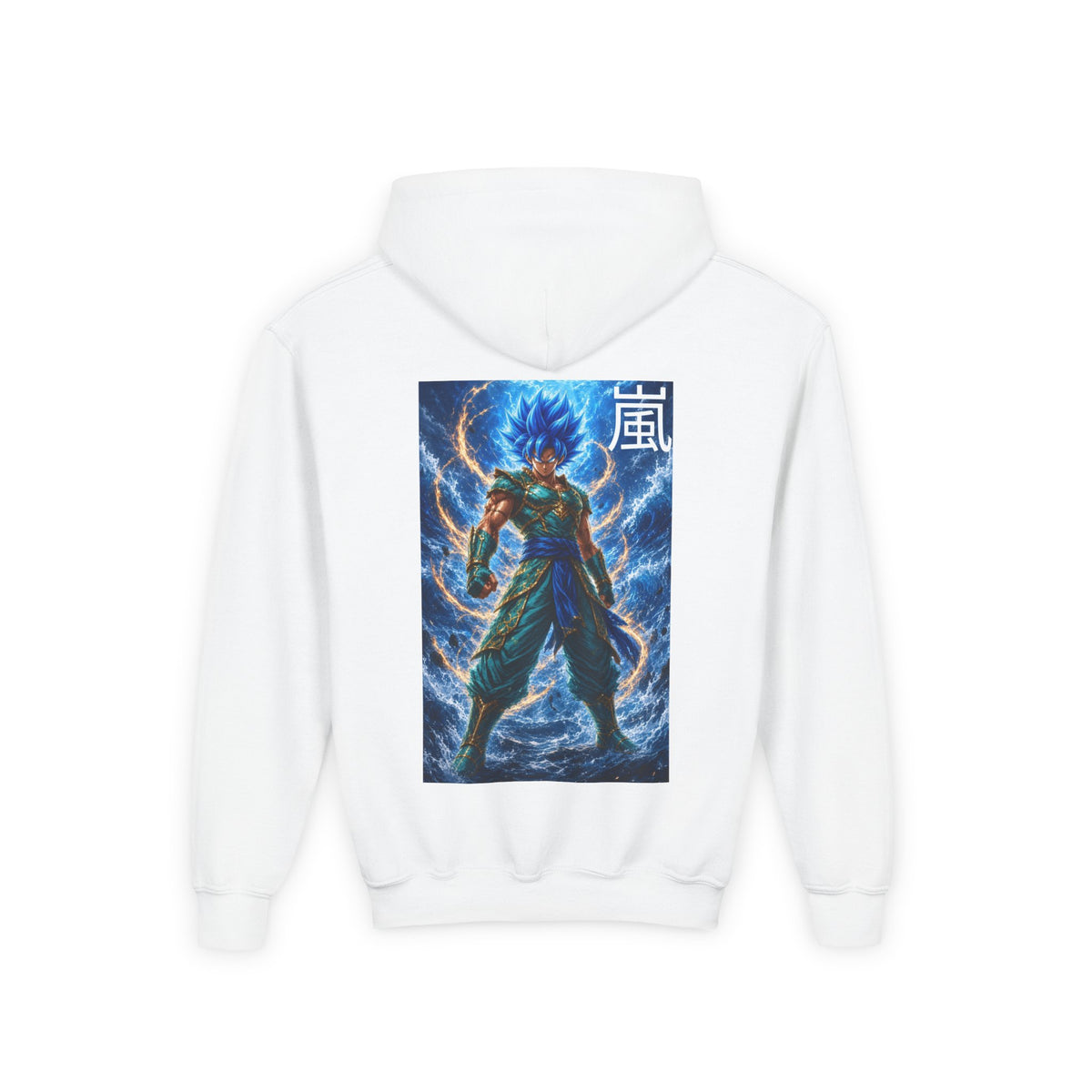Electric Lightning Warrior Hoodie, Storm Kanji Anime Kids Pullover, Front Minimal Chest Text Back Print Elemental Graphic Youth Sweatshirt