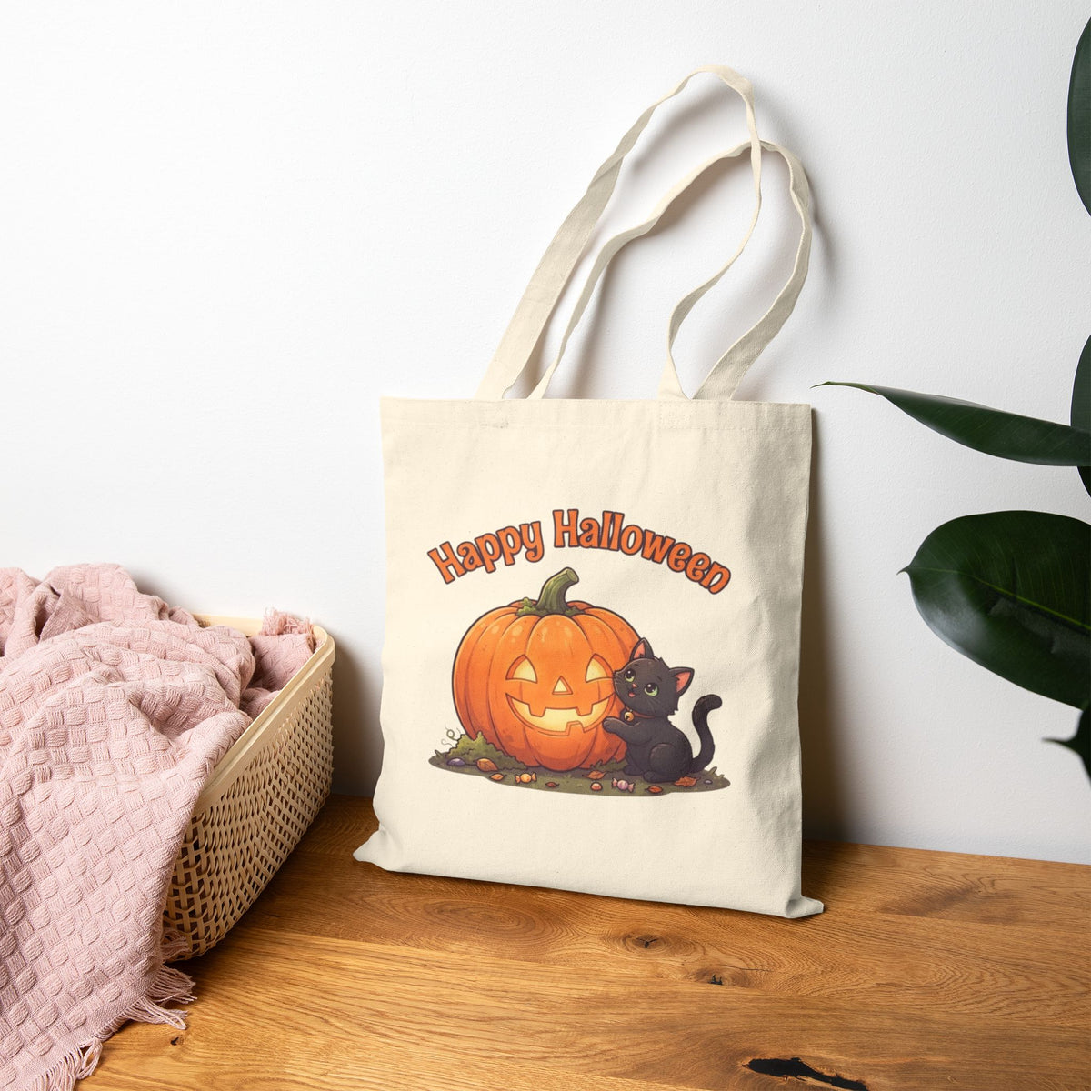 Halloween Black Cat Tote Bag | Carved Pumpkin Canvas Market Bag