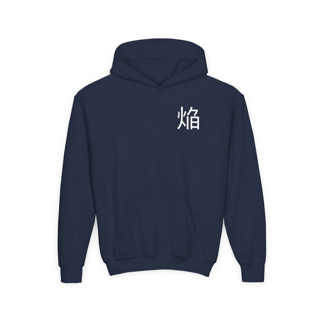 Fiery Crimson Warrior Hoodie, Flame Kanji Anime Kids Pullover, Front Minimal Chest Text Back Print Elemental Graphic Youth Sweatshirt