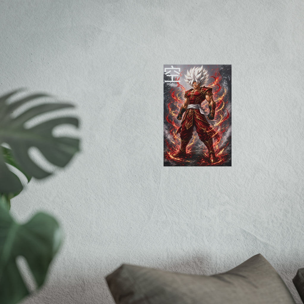 Sky Kanji Warrior Poster, White Hair God Mode Anime Art Print, Vertical Elemental Fighter Giclee Wall Decor