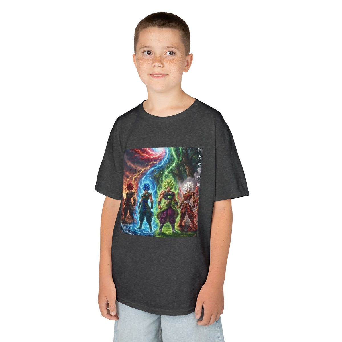 Group Warrior Tee, Four Elemental Brothers Kids Shirt, Team Anime Fighter Multicharacter Graphic Youth Playwear Clothing