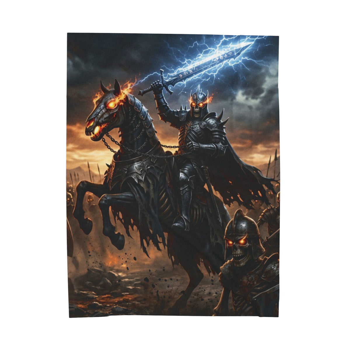 Rune Lit Blade Blanket, Velveteen Plush Dark Fantasy Throw, Armored Skeleton Warlord Cozy Fleece Bedding