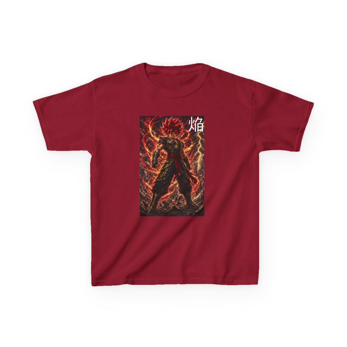 Volcanic Crimson Tee, Flame Kanji Magma Warrior Youth Shirt, Elemental Fire Fighter Graphic Kids Playwear Clothing