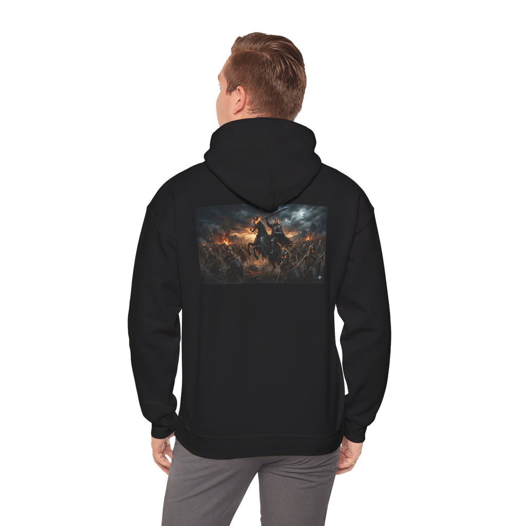 Minimalist Silhouette Front Hoodie, Full Color Back Battle Scene Sweatshirt, Double Sided Gothic Heavyweight Pullover Apparel