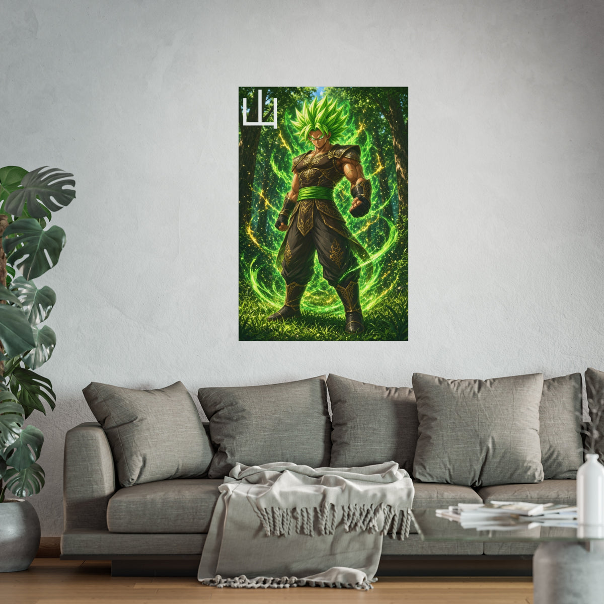 Mountain Kanji Poster, Emerald Green Aura Anime Art Print, Vertical Elemental Forest Fighter Giclee Wall Decor