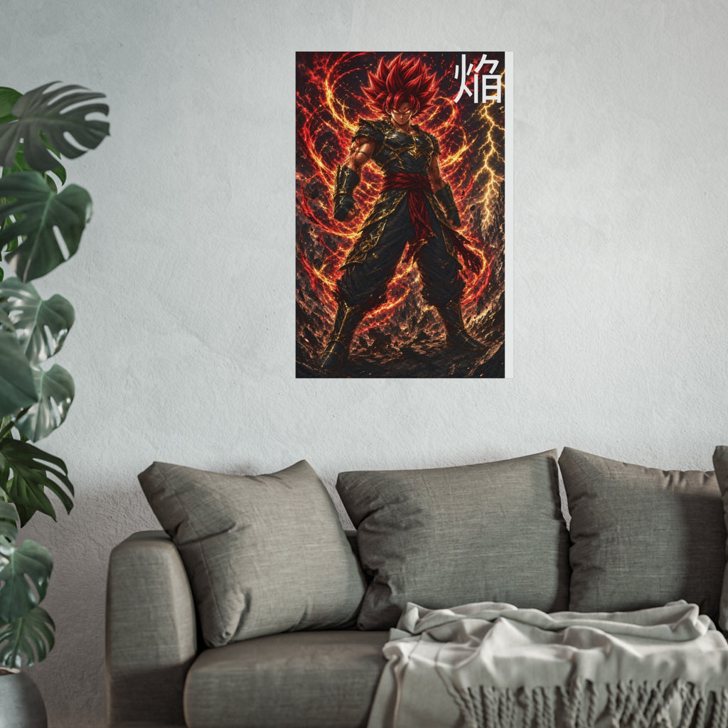 Flame Kanji Poster, Crimson Magma Aura Anime Art Print, Vertical Elemental Fire Fighter Giclee Wall Decor