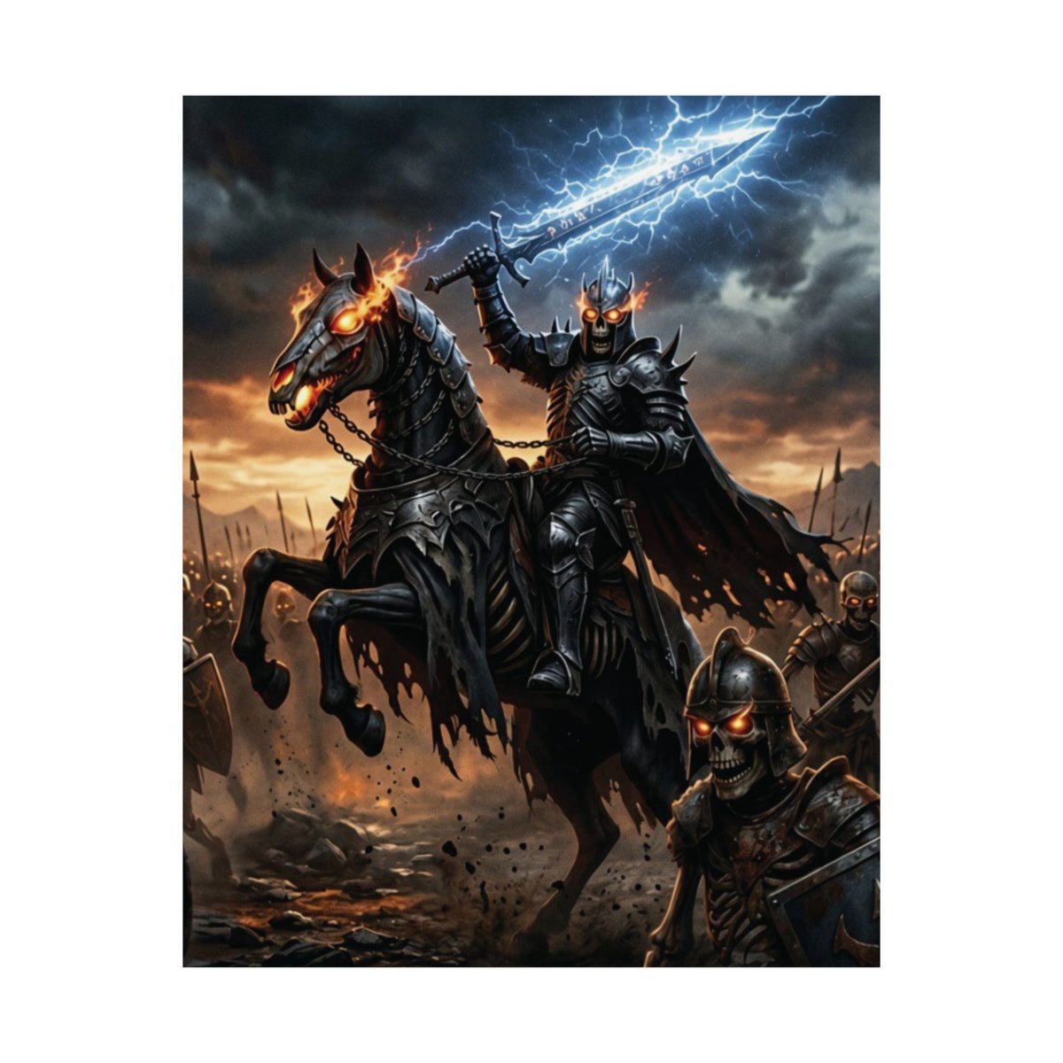 Storm Swept Battlefield Poster, Vertical Matte Dark Fantasy Wall Art, Armored Undead Warlord Giclee Print for Gaming Room