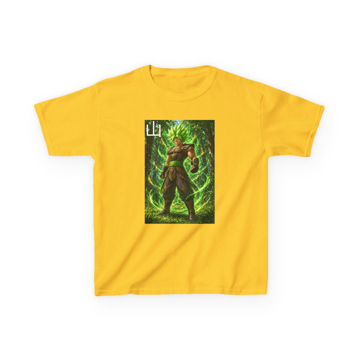 Emerald Forest Tee, Mountain Kanji Green Warrior Youth Shirt, Elemental Earth Fighter Graphic Kids Playwear Clothing