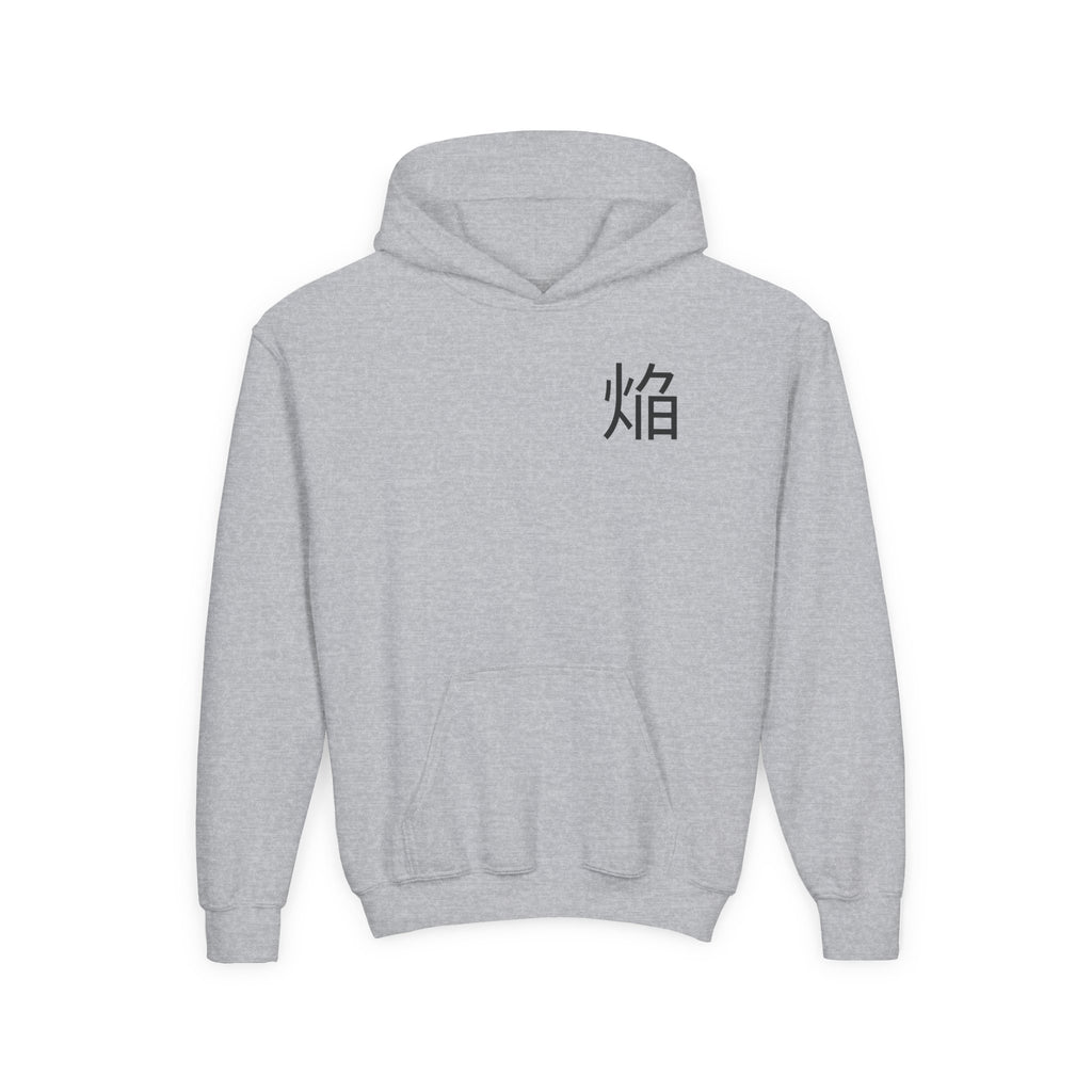 Fiery Crimson Warrior Hoodie, Flame Kanji Anime Kids Pullover, Front Minimal Chest Text Back Print Elemental Graphic Youth Sweatshirt