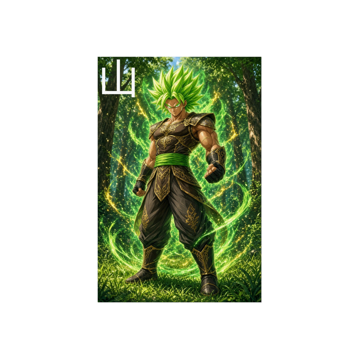 Mountain Kanji Poster, Emerald Green Aura Anime Art Print, Vertical Elemental Forest Fighter Giclee Wall Decor