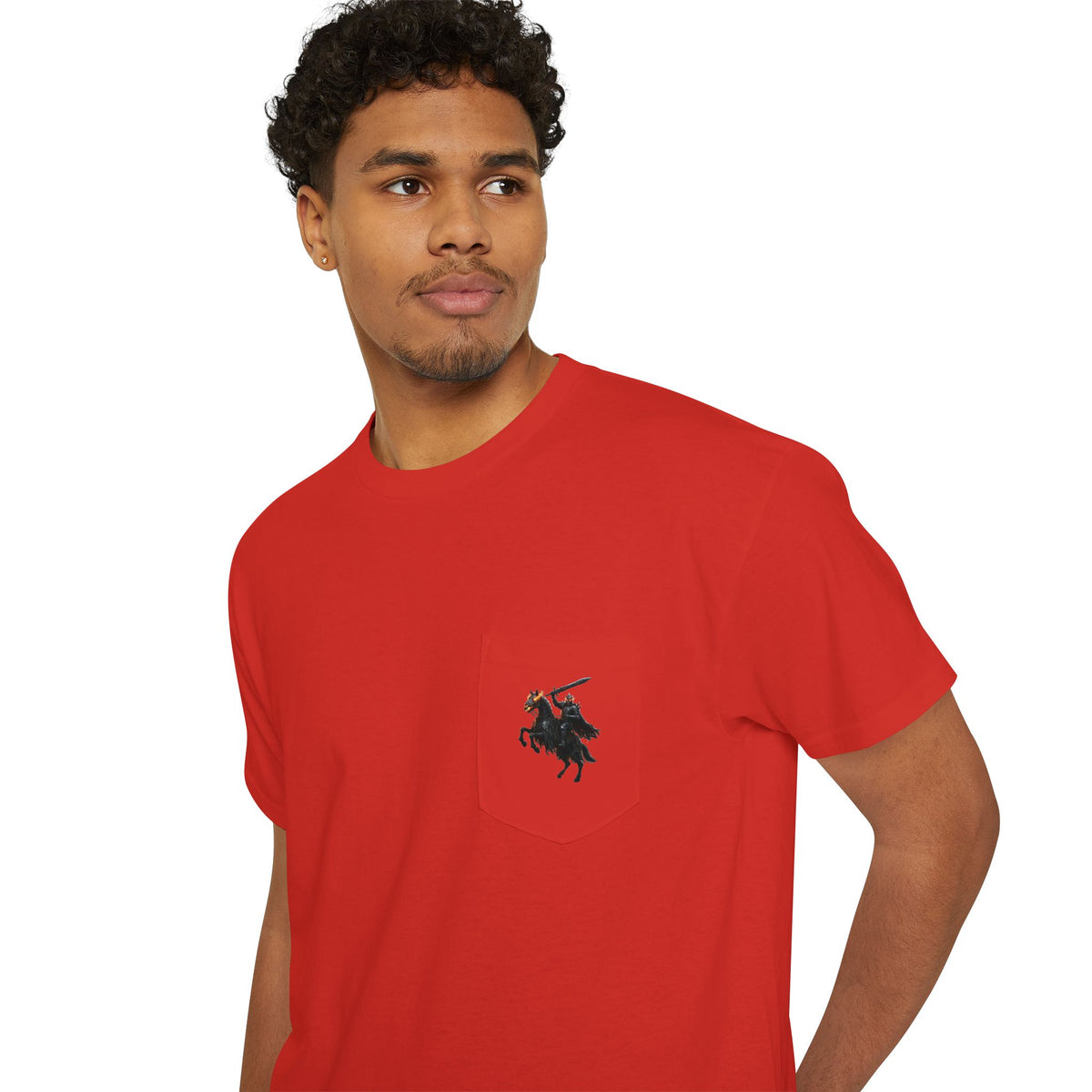 Front Pocket Emblem T-Shirt, Full Color Back Print Dark Knight Tee, Double Sided Medieval Undead Warrior Apparel