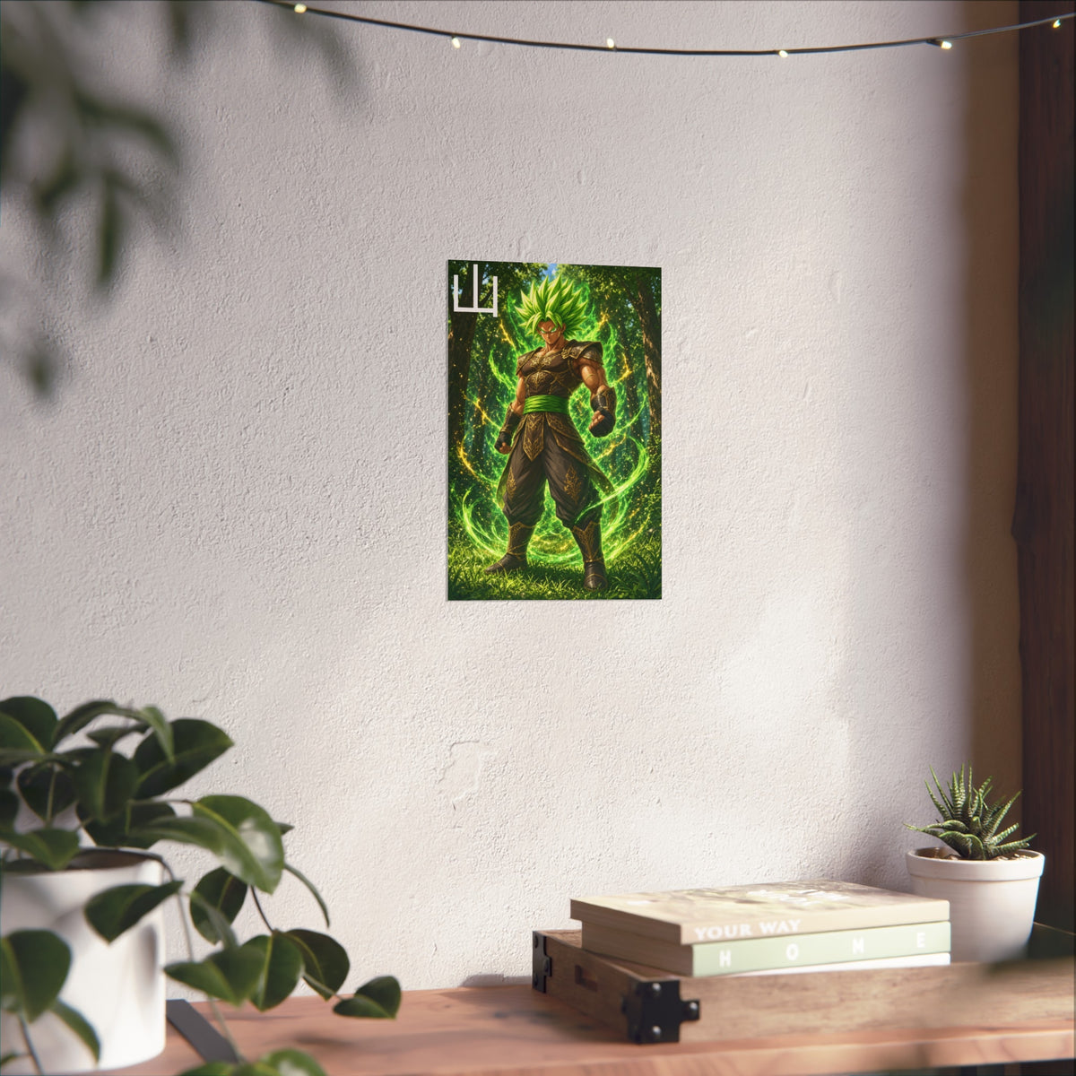 Mountain Kanji Poster, Emerald Green Aura Anime Art Print, Vertical Elemental Forest Fighter Giclee Wall Decor