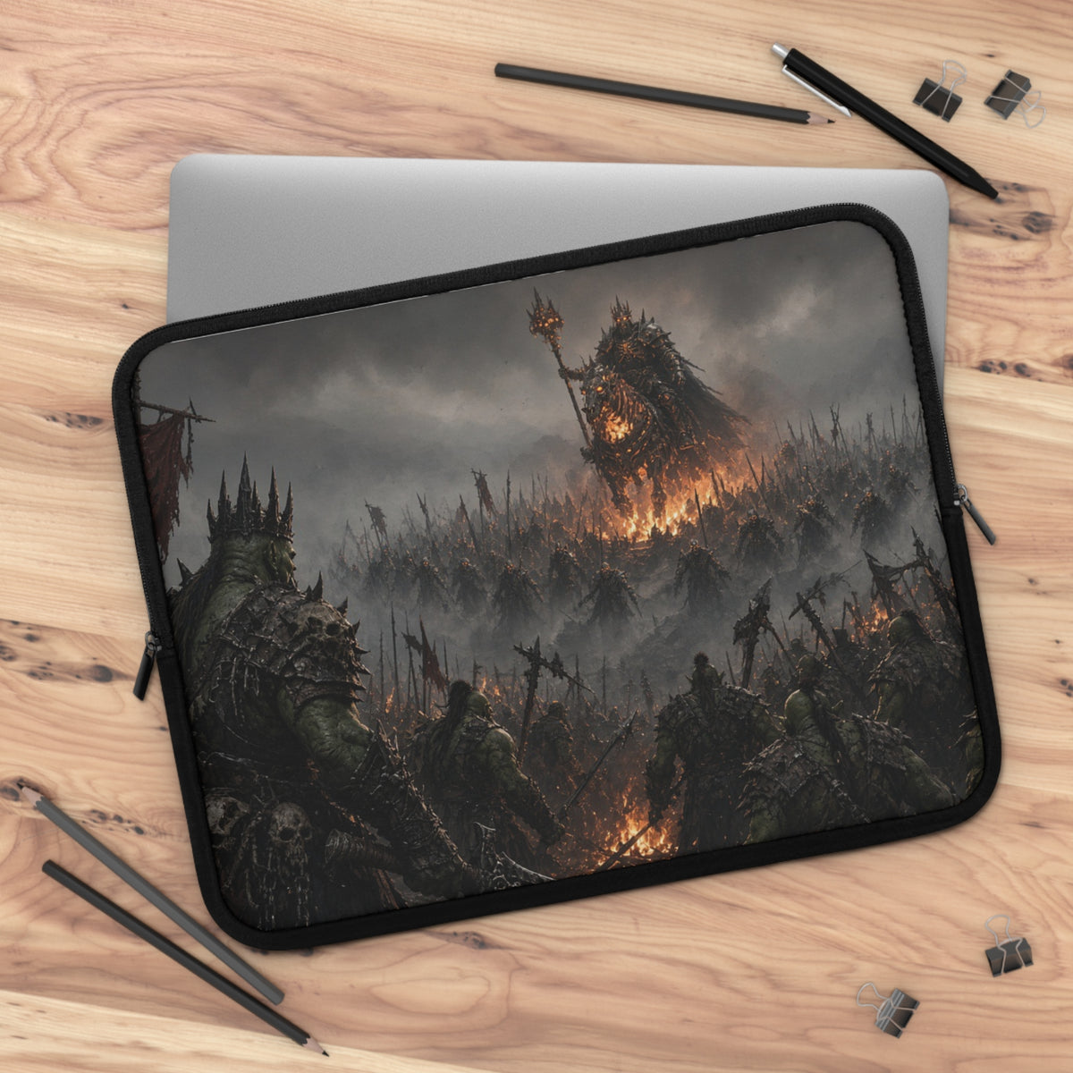 Spiked Crown Warlord Laptop Sleeve, Flaming Banner Orc Army Computer Case, Dark Fantasy Tabletop RPG Tactical Notebook Cover