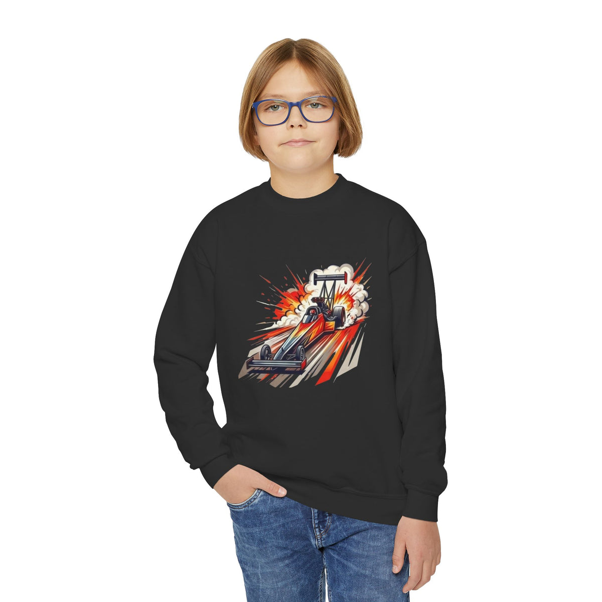 Dragster Race Car Youth Crewneck Sweatshirt | Drag Racing Graphic