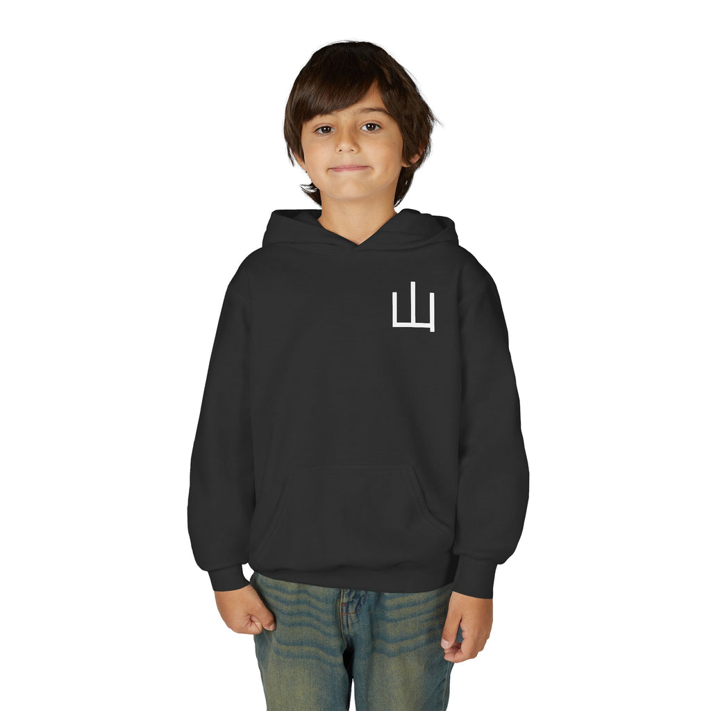 Deep Forest Warrior Hoodie, Mountain Kanji Anime Kids Pullover, Front Minimal Chest Text Back Print Elemental Graphic Youth Sweatshirt