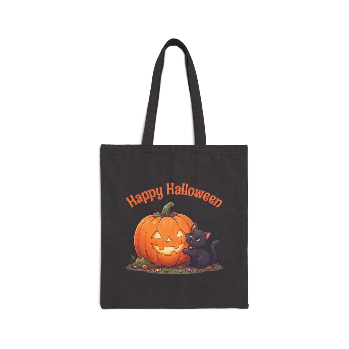 Halloween Black Cat Tote Bag | Carved Pumpkin Canvas Market Bag