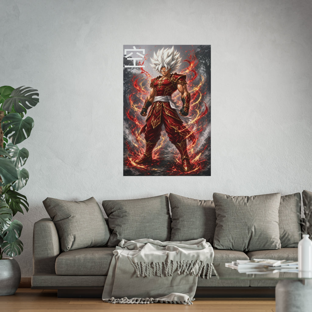 Sky Kanji Warrior Poster, White Hair God Mode Anime Art Print, Vertical Elemental Fighter Giclee Wall Decor