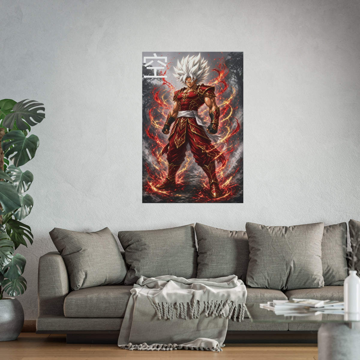 Sky Kanji Warrior Poster, White Hair God Mode Anime Art Print, Vertical Elemental Fighter Giclee Wall Decor