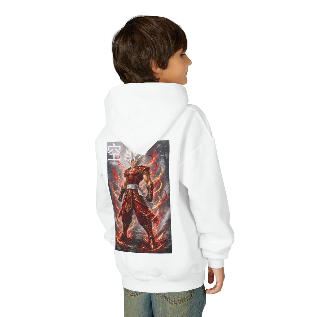 White Hair Warrior Hoodie, Sky Kanji Anime Kids Pullover, Front Minimal Chest Text Back Print Elemental Graphic Youth Sweatshirt