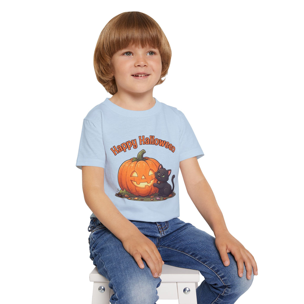 Purring Black Cat Halloween Toddler Tee | Retro Jack-O-Lantern Kids Shirt