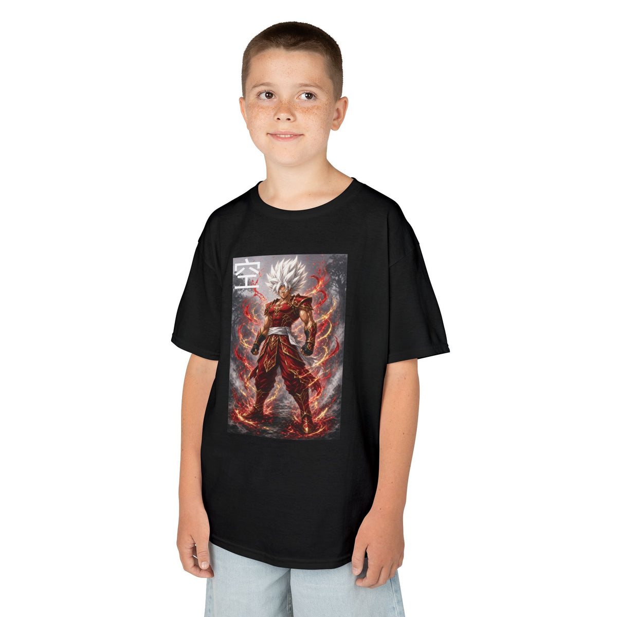 Kids Anime T-Shirt, Sky Kanji White Hair Warrior Youth Shirt, Elemental God Mode Fighter Graphic Boy Girl Clothes