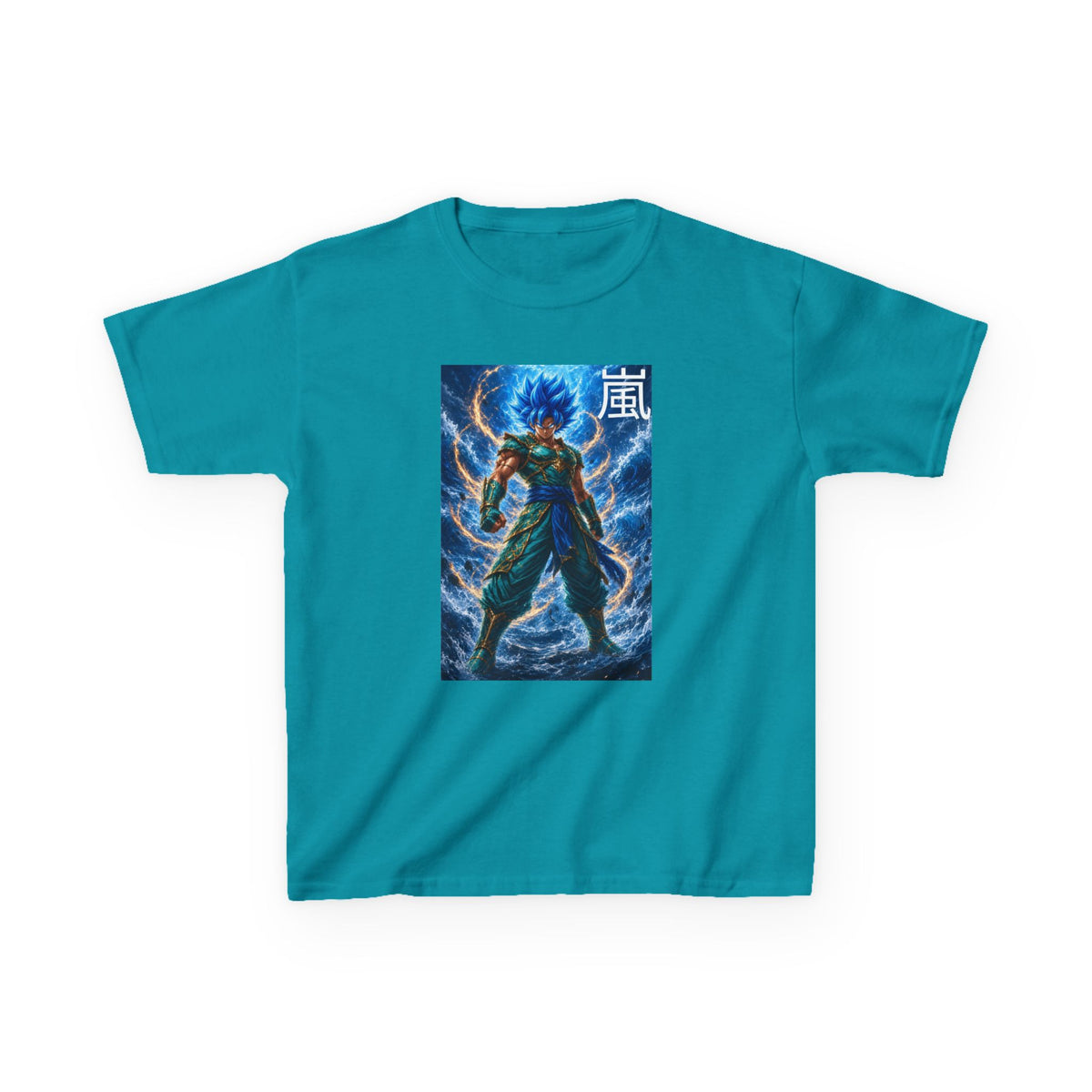 Kinetic Lightning Tee, Storm Kanji Blue Warrior Youth Shirt, Elemental Electric Fighter Graphic Kids Playwear Clothing