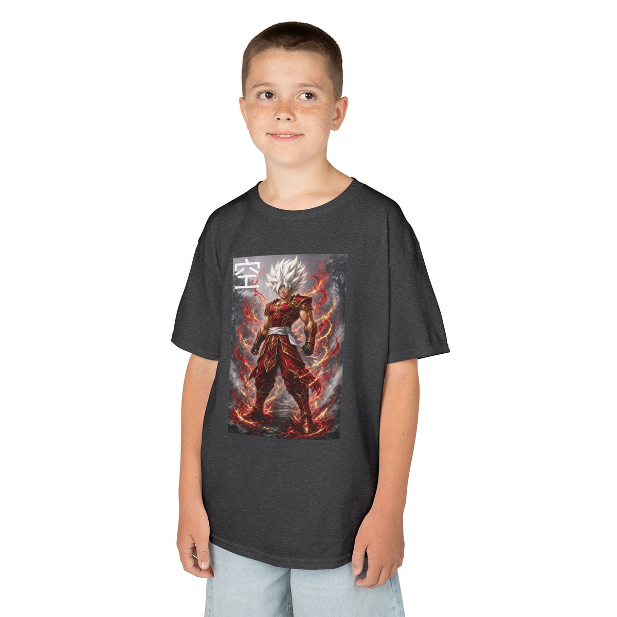Kids Anime T-Shirt, Sky Kanji White Hair Warrior Youth Shirt, Elemental God Mode Fighter Graphic Boy Girl Clothes
