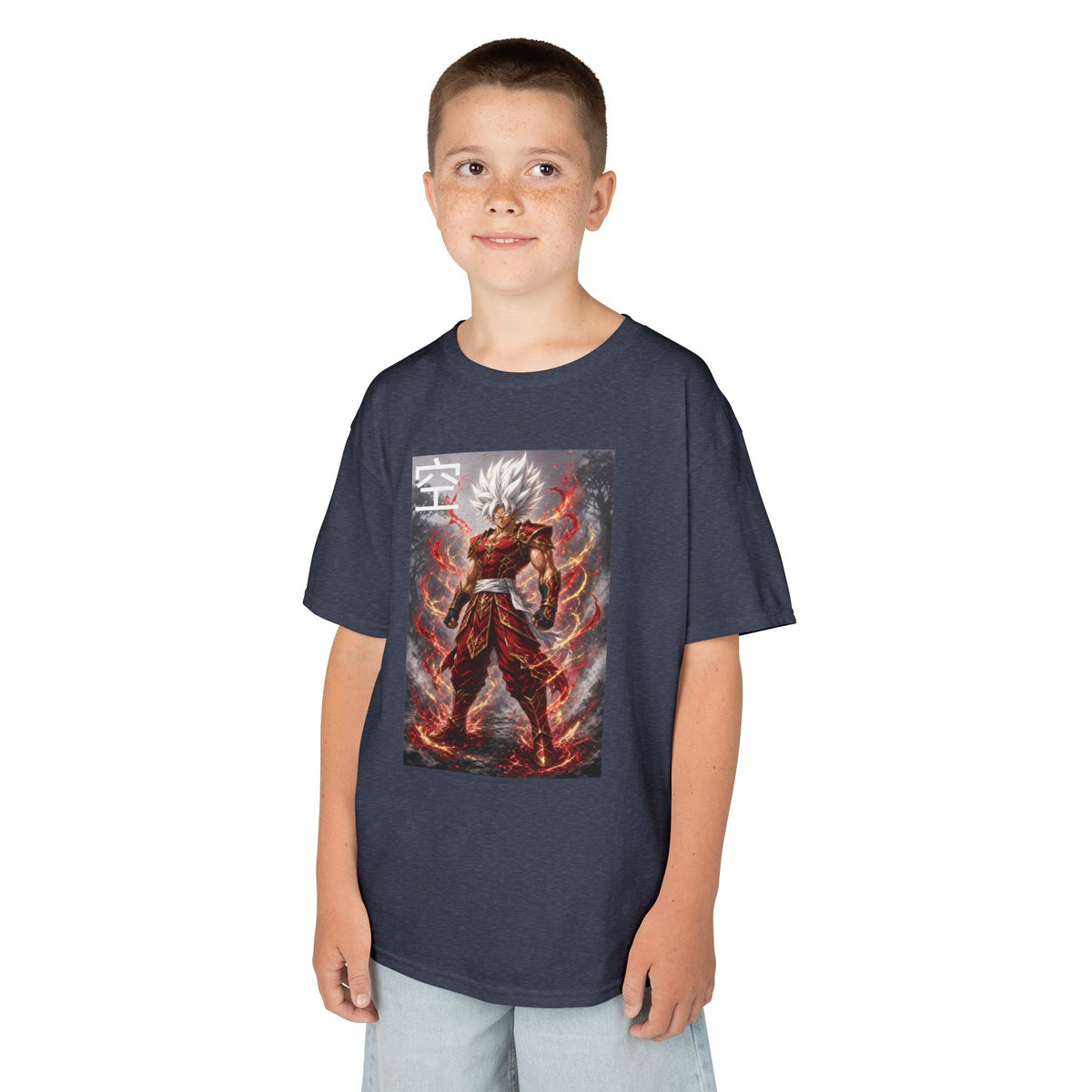 Kids Anime T-Shirt, Sky Kanji White Hair Warrior Youth Shirt, Elemental God Mode Fighter Graphic Boy Girl Clothes