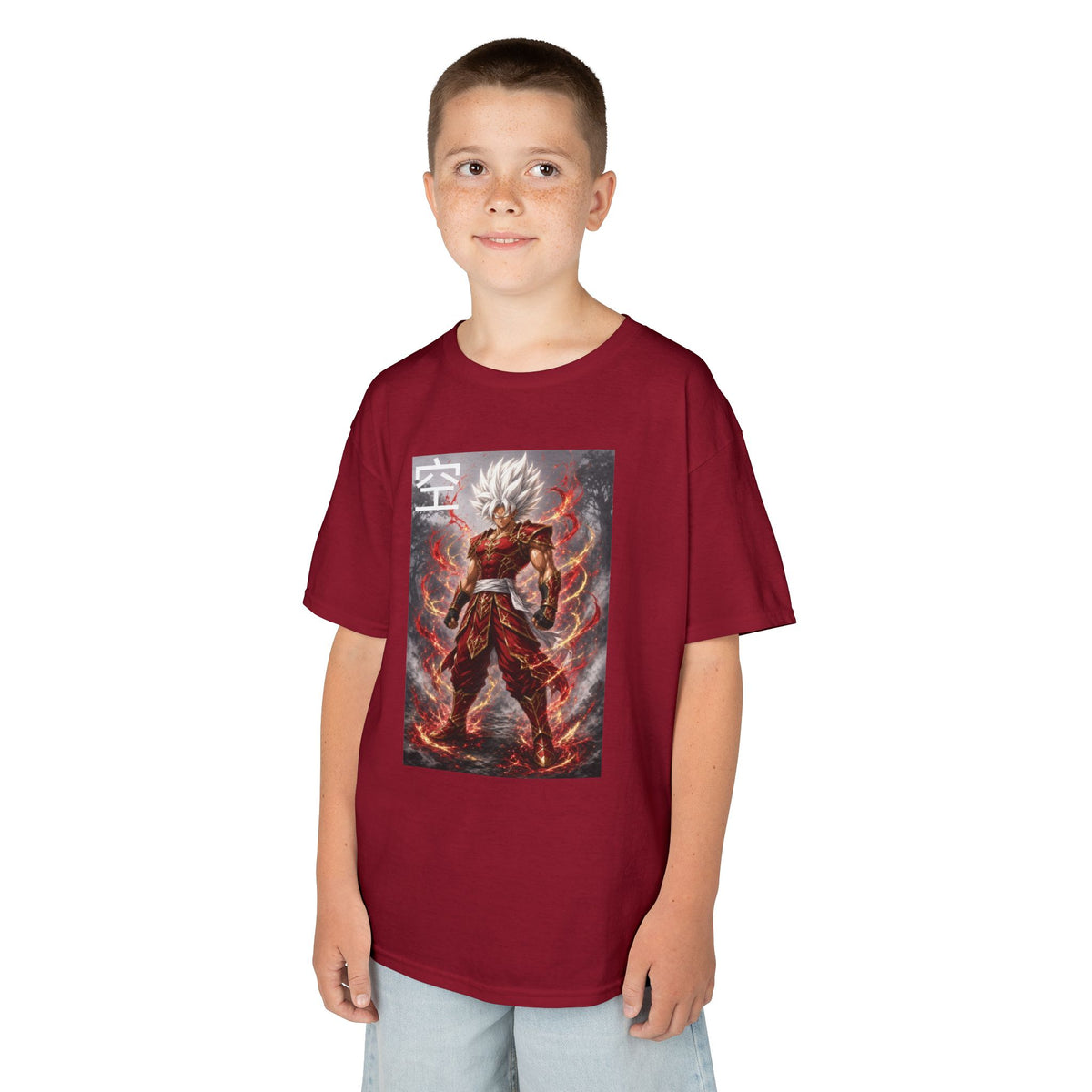 Kids Anime T-Shirt, Sky Kanji White Hair Warrior Youth Shirt, Elemental God Mode Fighter Graphic Boy Girl Clothes