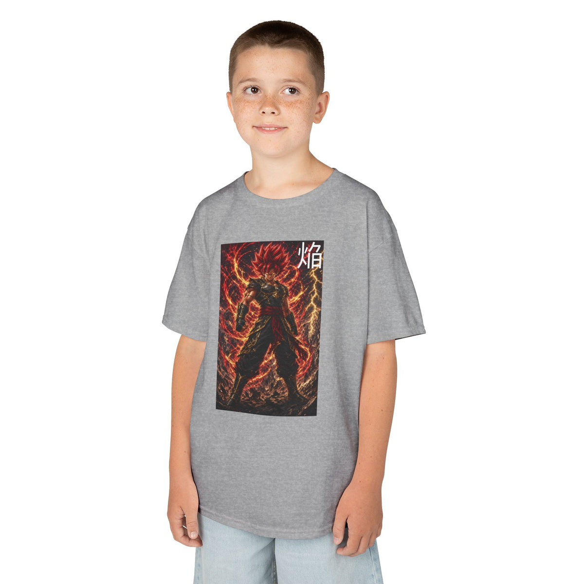 Volcanic Crimson Tee, Flame Kanji Magma Warrior Youth Shirt, Elemental Fire Fighter Graphic Kids Playwear Clothing