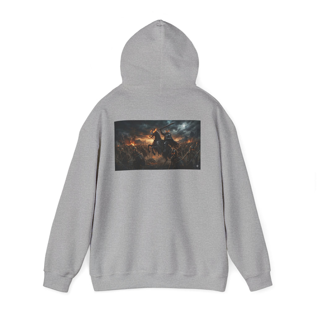 Minimalist Silhouette Front Hoodie, Full Color Back Battle Scene Sweatshirt, Double Sided Gothic Heavyweight Pullover Apparel