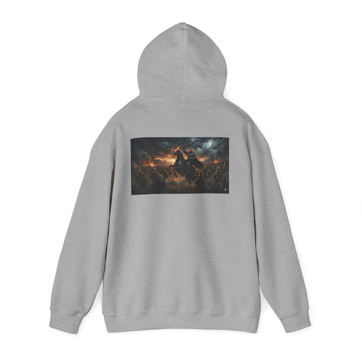 Minimalist Silhouette Front Hoodie, Full Color Back Battle Scene Sweatshirt, Double Sided Gothic Heavyweight Pullover Apparel