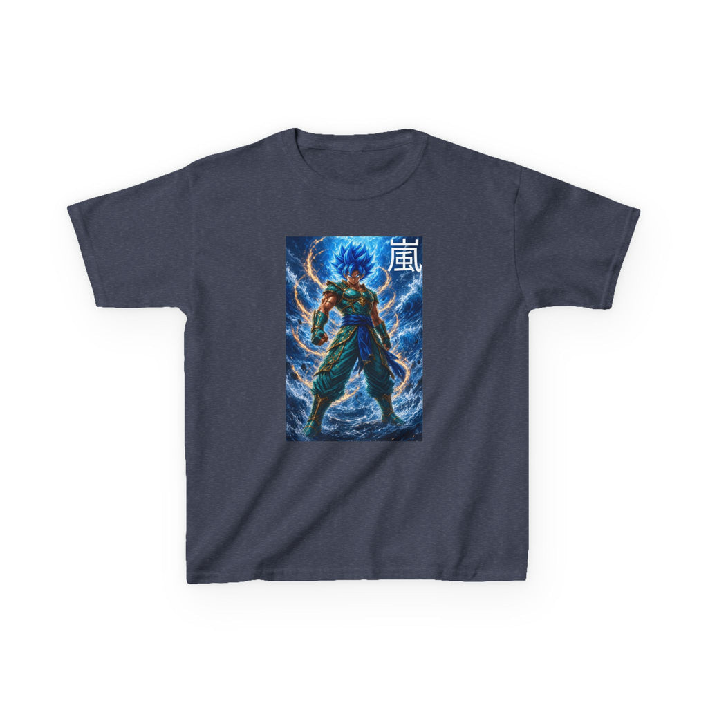 Kinetic Lightning Tee, Storm Kanji Blue Warrior Youth Shirt, Elemental Electric Fighter Graphic Kids Playwear Clothing