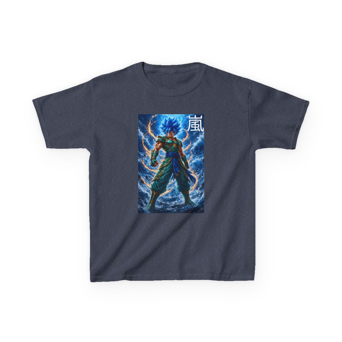 Kinetic Lightning Tee, Storm Kanji Blue Warrior Youth Shirt, Elemental Electric Fighter Graphic Kids Playwear Clothing